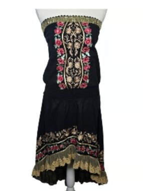 VENUS BOHO EMBROIDERED COTTAGE FOLKLORE Black Floral Dress Spell Hippie Ruffle